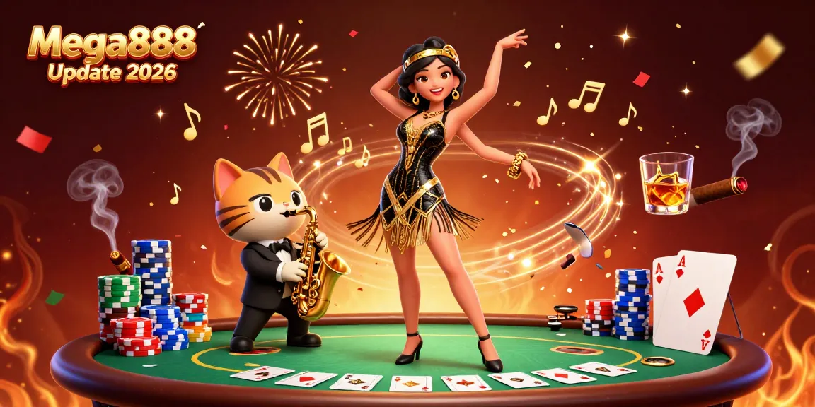 Play slots in style with Mega888 Update 2026's rich 3D illustration showcasing gaming excitement.