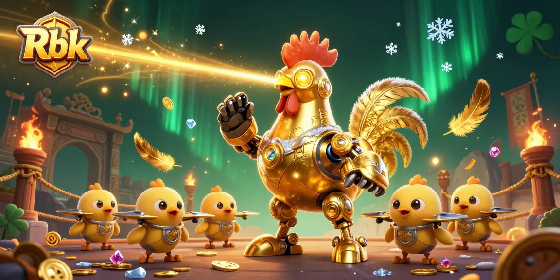 Rbk depicts a vibrant 3D illustration of a golden rooster robot in a dynamic casino setting.