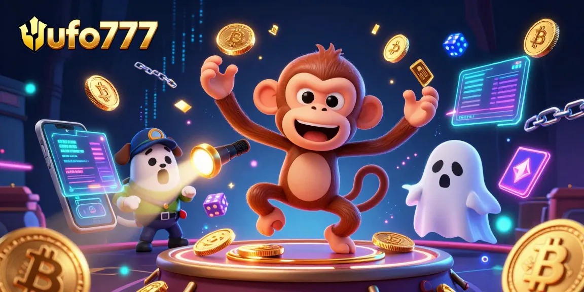 Experience thrilling adventures with ufo777 in a haunted casino scene featuring playful characters and crypto coins.