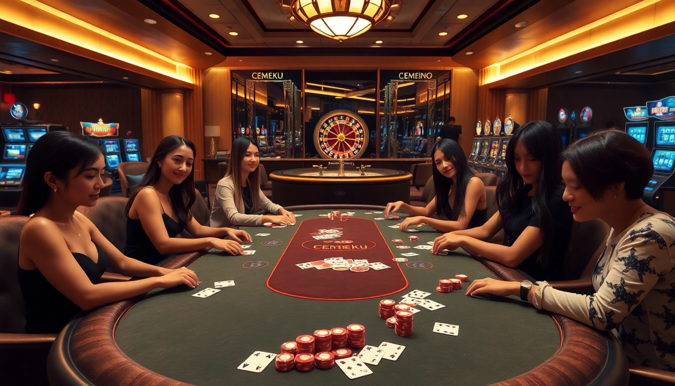 Cemeku poker enthusiasts enjoying a thrilling game at a luxurious casino table.