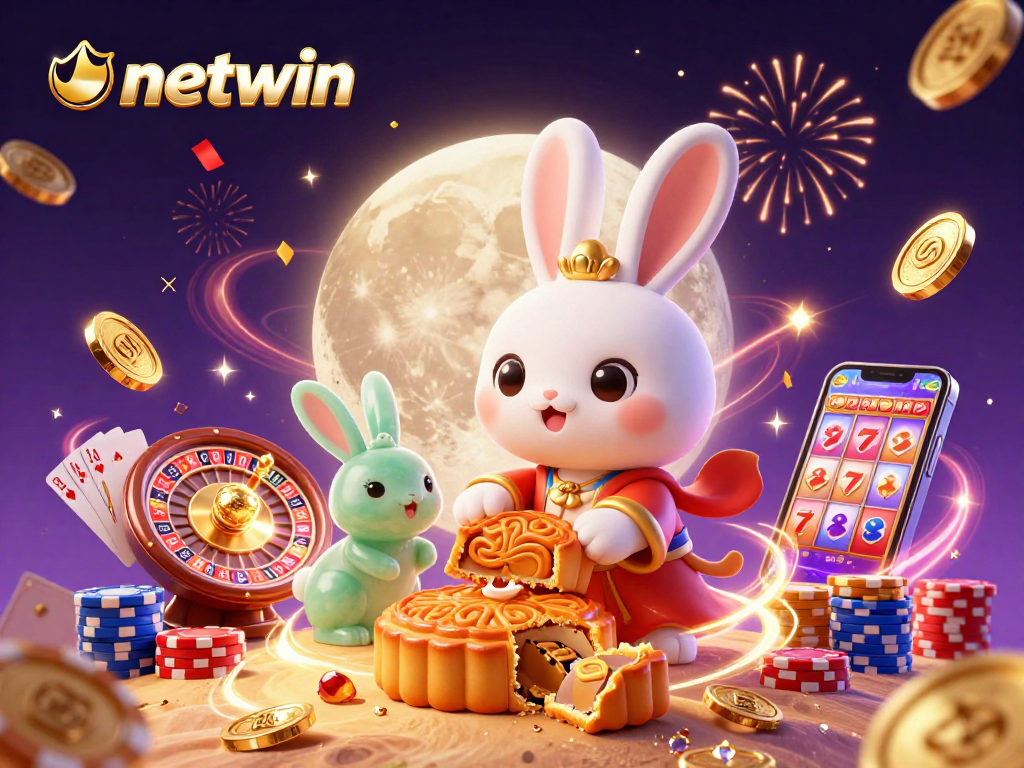 Experience the excitement of Netwin with a moon rabbit and poker elements in a dynamic casino scene.