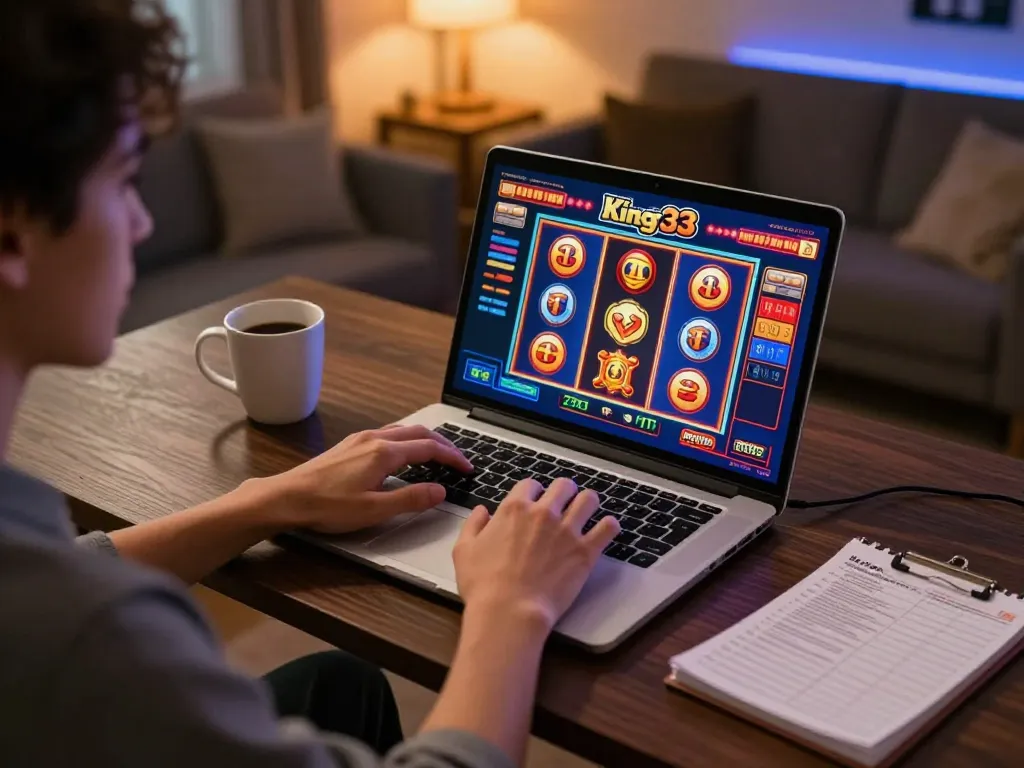 Enjoying a thrilling gaming session at king33 online casino on a laptop.