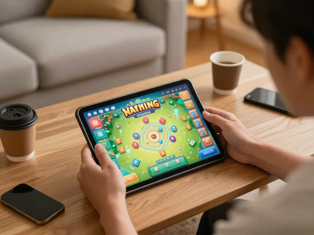 Engaging moment playing Tempo 123 Mahjong Ways online slots on a tablet in a cozy living room.
