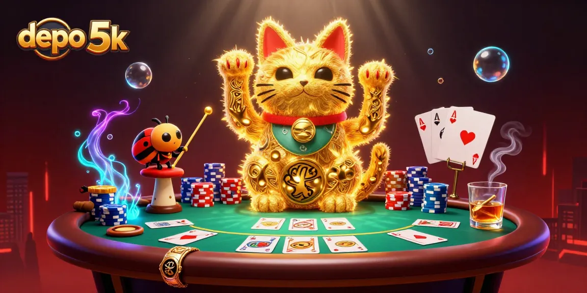 Engage with depo 5k through a vibrant, illustrated scene of a lucky cat and poker elements.
