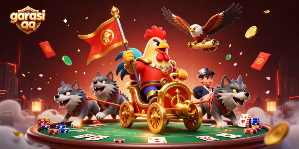 Engage with garasi qq by diving into strategic poker gameplay, featuring vibrant casino elements and characters.