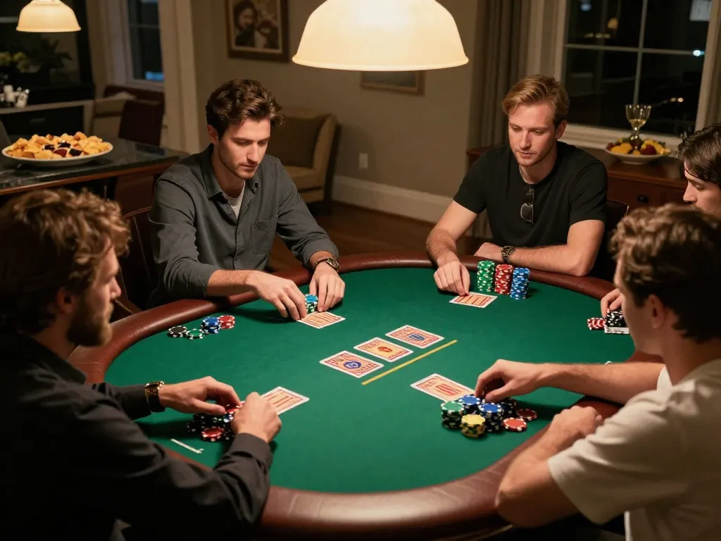 Players strategizing in a high-stakes game at poker night with 555win1 offering thrilling challenges.