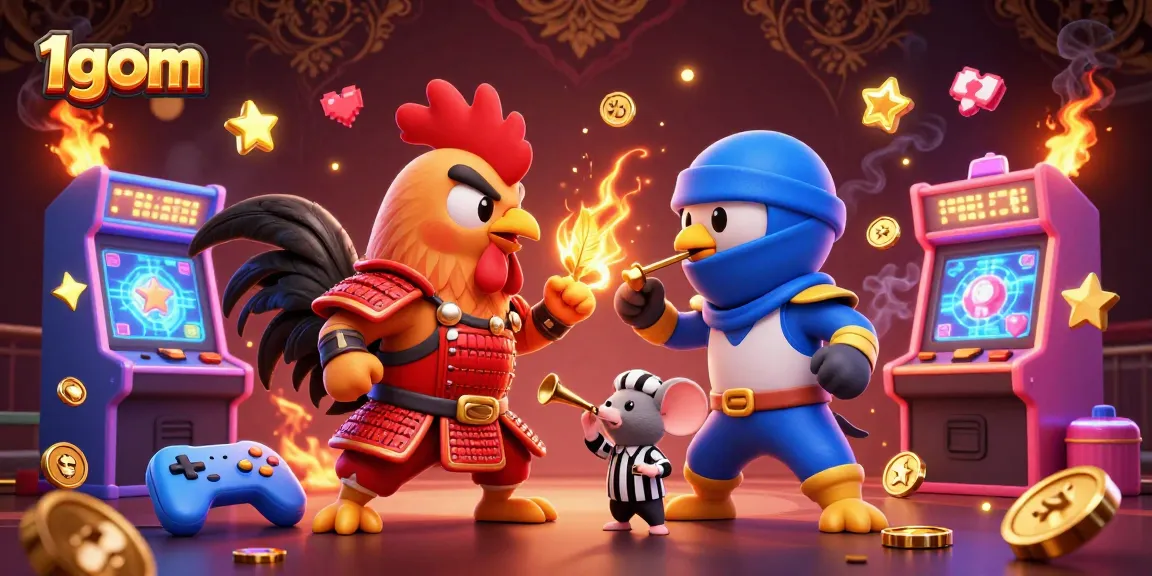 Experience thrilling cockfighting action with 1gom as fierce roosters battle amidst vibrant gaming elements.