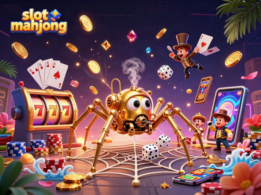 Experience the excitement of slot mahjong with a captivating 3D illustration showcasing steampunk characters and vibrant casino elements.
