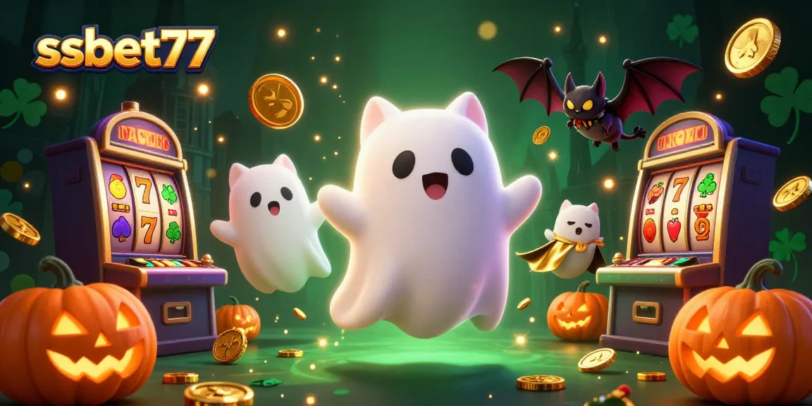 Experience the excitement of ssbet77 with a playful ghost cat and bat in a vibrant casino setting.