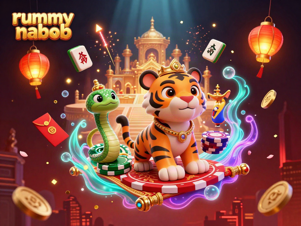 Rummy nabob dan Sultan Harimau terbang di atas karpet poker, simbol keberuntungan di sekelilingnya.