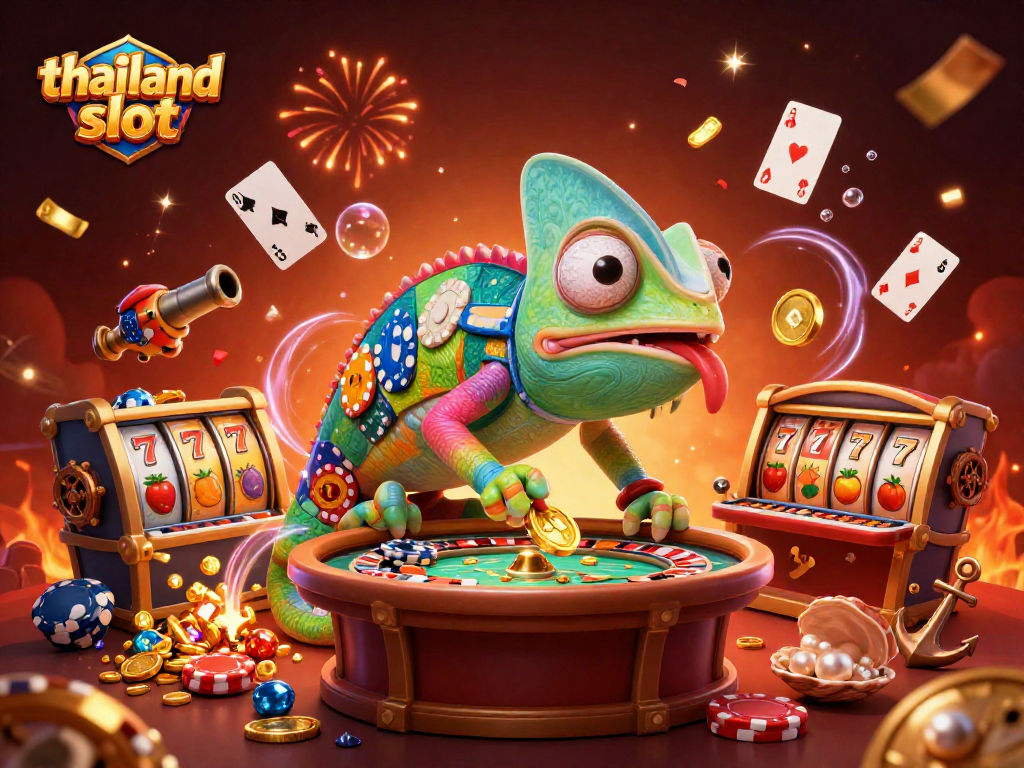 Engage in thrilling thailand slot games with vibrant 3D chameleon characters and colorful casino elements.