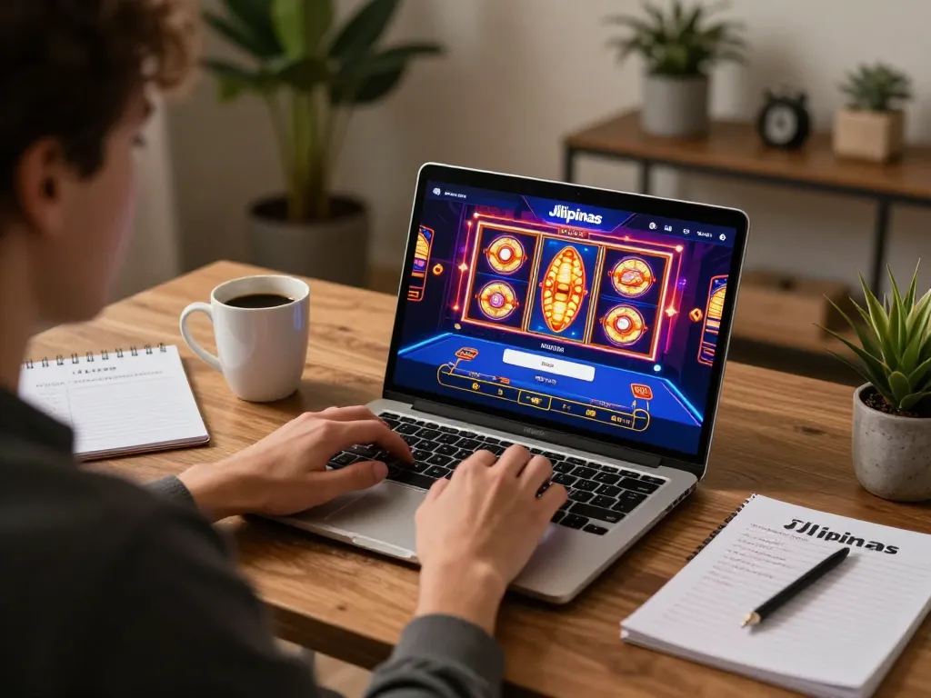 Engaging in online casino gameplay with Jilipinas login on the screen, showcasing a cozy home setup.