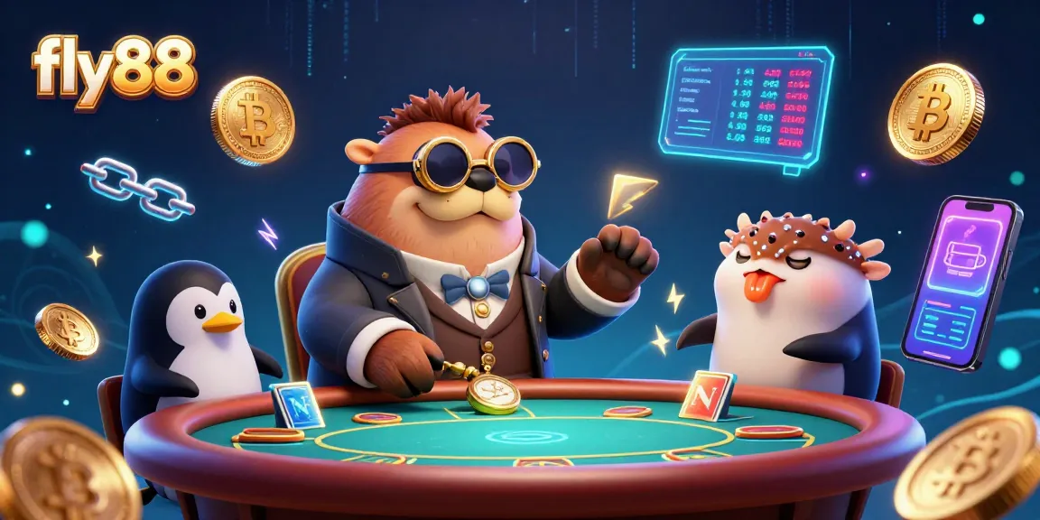 Fly88 showcases an underwater poker scene featuring a walrus and dealer in vibrant settings.