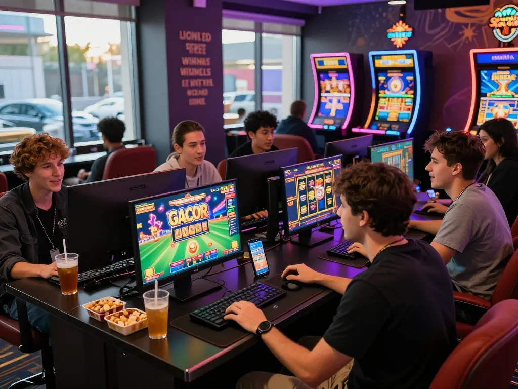Teman-teman menikmati permainan slot gacor bersama di lingkungan kasino online yang cerah.