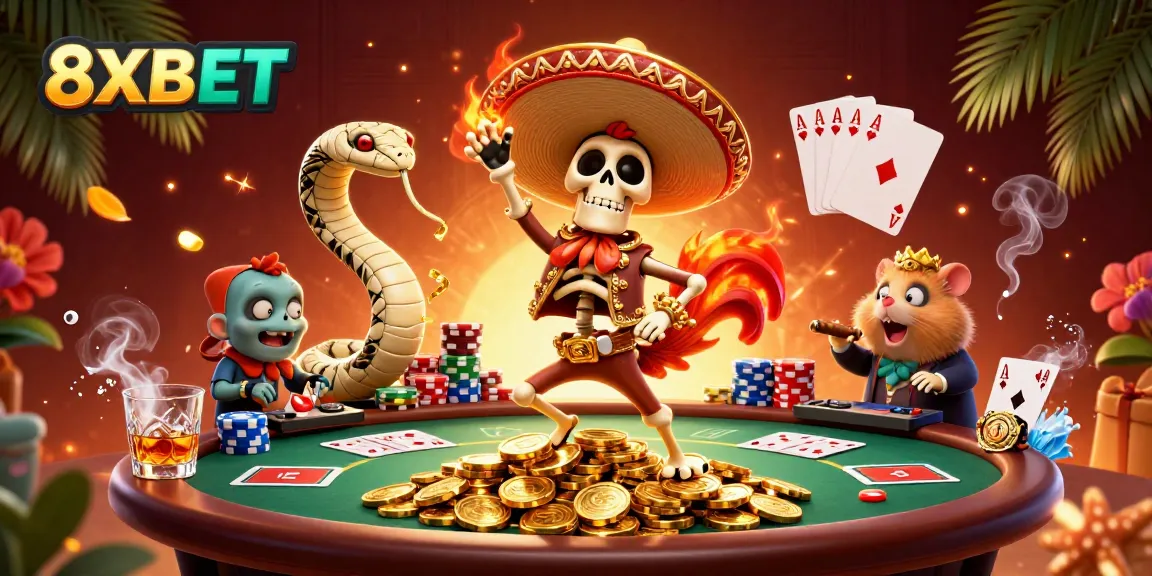 Engage in thrilling gaming scenes with 8XBET as 3D characters celebrate amidst a vibrant casino setting.