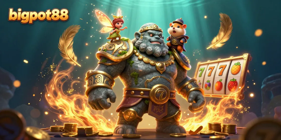 Experience bigpot88 excitement with animated golem and knight in vibrant casino scene.