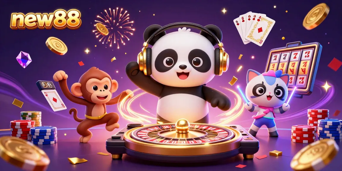 Experience thrilling gameplay at new88 with animated characters celebrating around casino elements.
