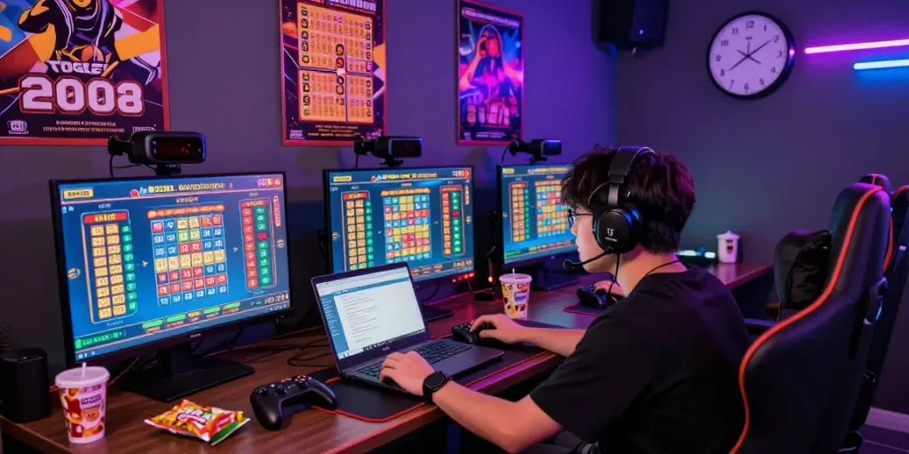 Engaged gamer focused on TOGEL ONLINE betting experience in vibrant gaming setup.