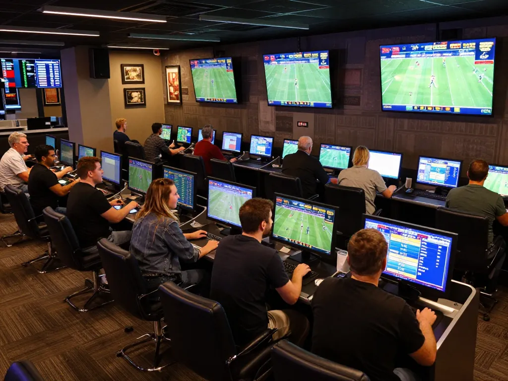 Patrons engaging in live sports betting at a modern lounge, showcasing the excitement of ok8386.