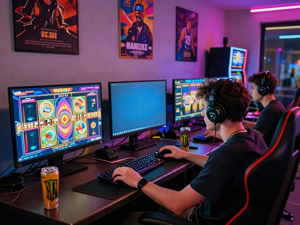 Player enjoying an online slot game with colorful visuals in a cozy gaming room.
