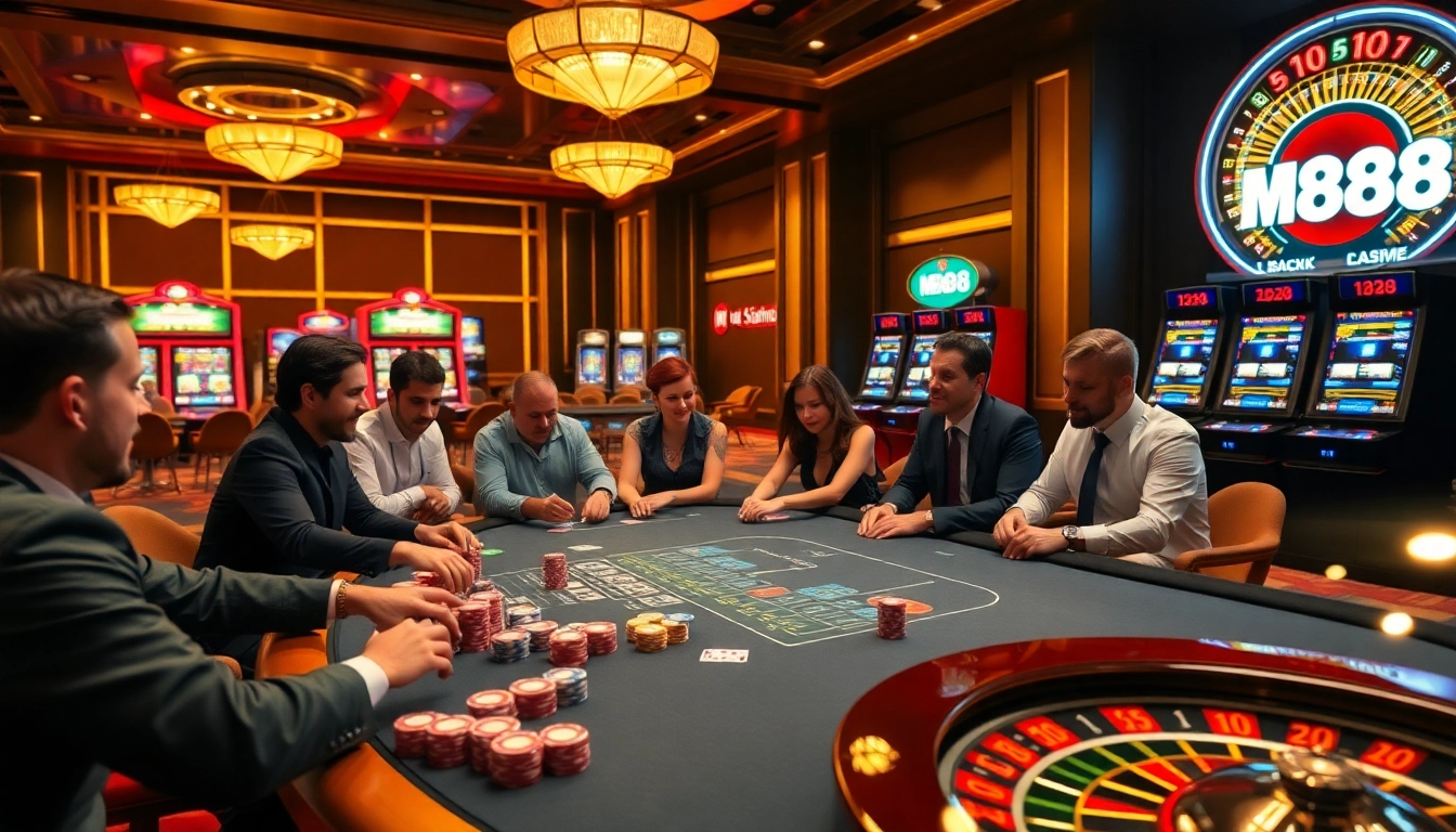 M88 casino scene featuring poker players and vibrant slot machines creating an exciting gambling atmosphere.