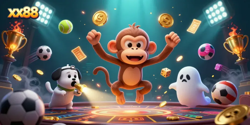 Engage with xx88's thrilling haunted casino environment, featuring an invisible monkey and curious puppy