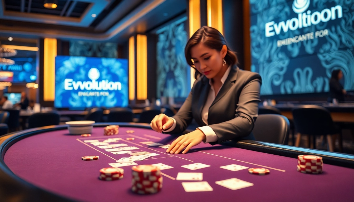 Play Evolution บาคาร่า ออนไลน์ at a luxurious casino table with a professional dealer and vibrant ambiance.