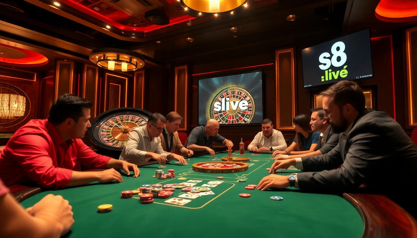 S8 live poker game scene with intense players and vibrant atmosphere at a luxurious casino.