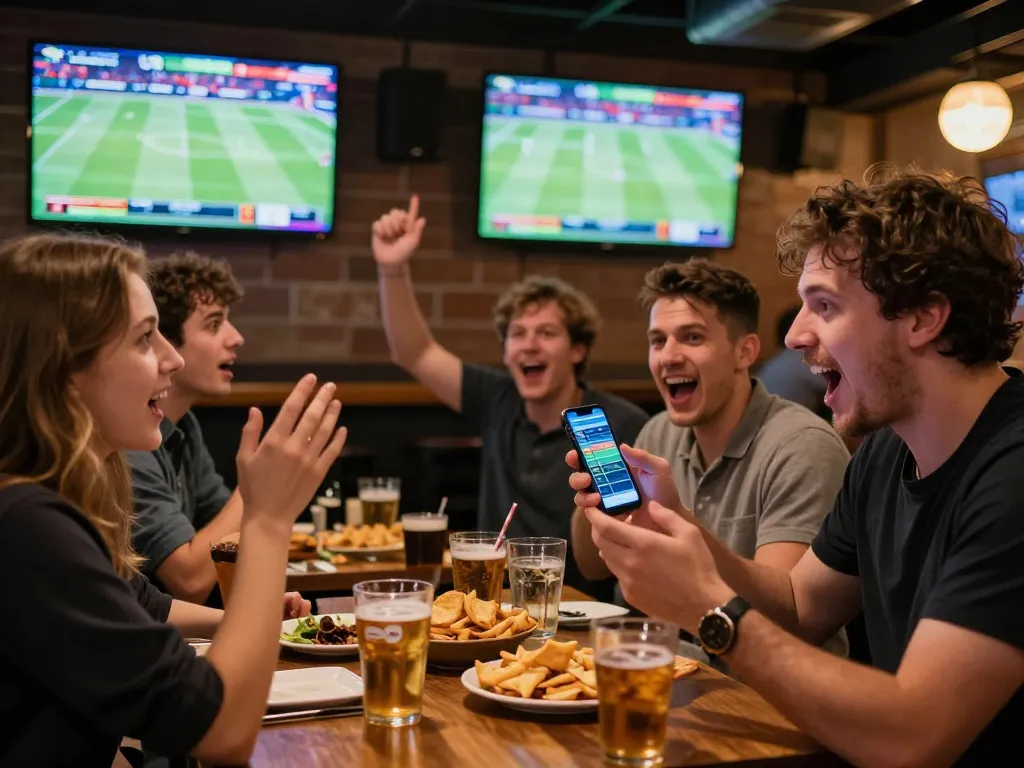 Enthusiastic bettors engaging with live sports at TG88 sports bar, excitement in the air as bets are placed.