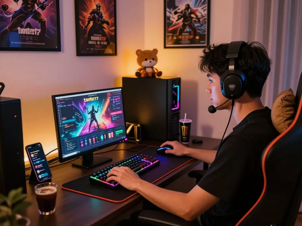 Exciting online gaming setup showcasing tante77 interface with ambient lighting and collectibles.