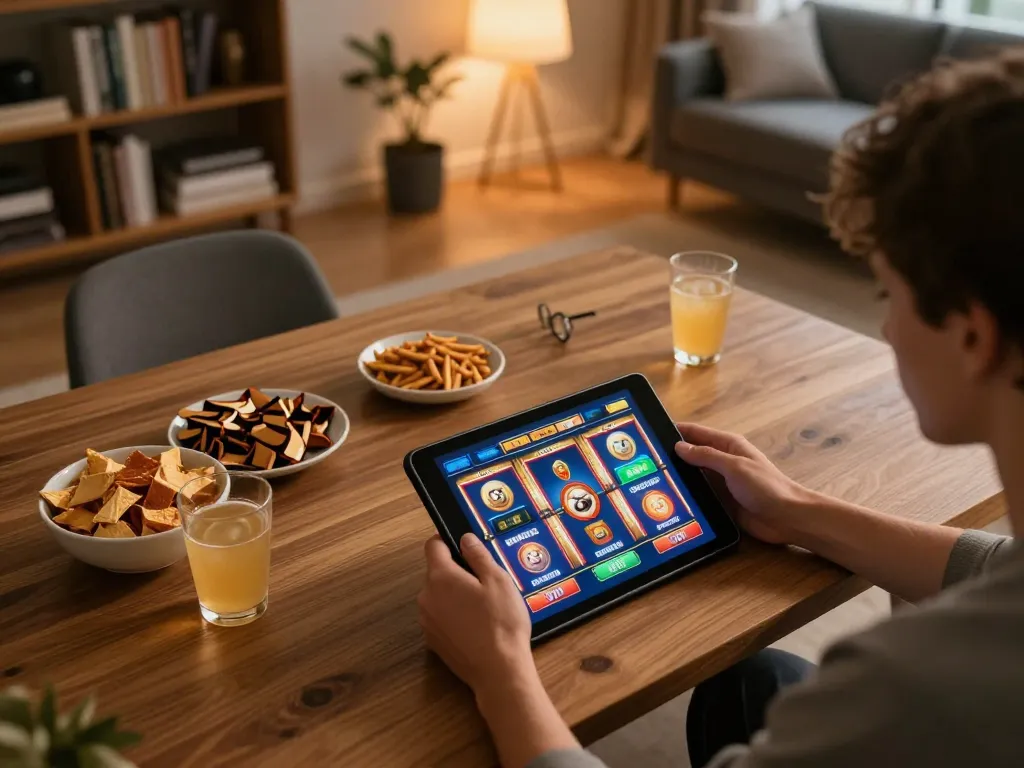 Person enjoying link slot gaming on a tablet in a cozy home setup with snacks