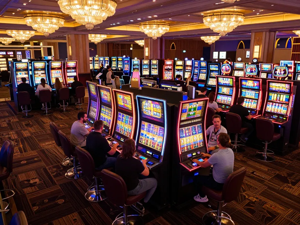Engaging gameplay at kdslot77 with players celebrating wins on colorful slot machines