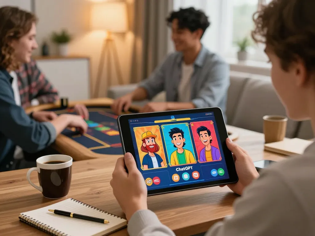 Player using caricature ChatGPT to create personalized gaming avatars in a cozy online casino.