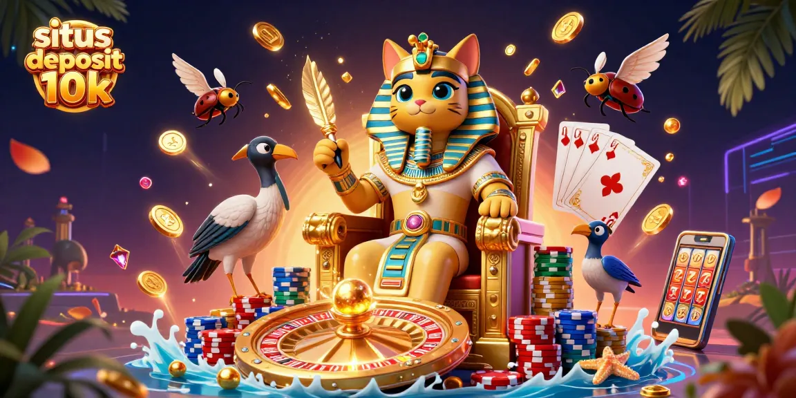 Spin your luck at situs deposit 10k with golden coins cascading around the pharaoh cat!