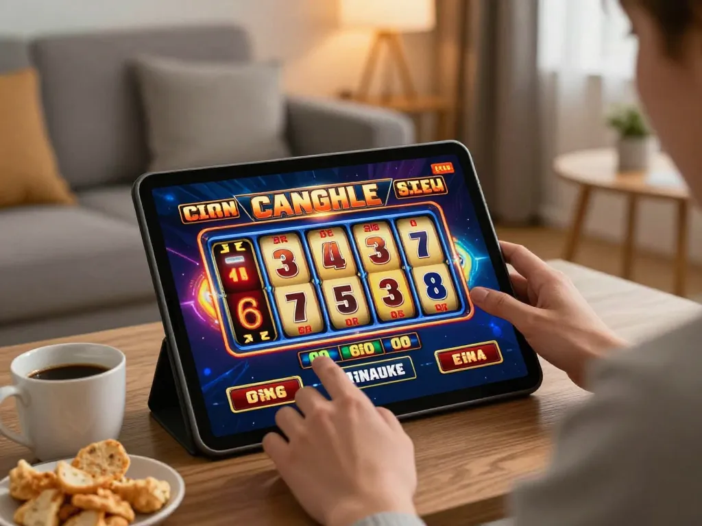 Engaging in situs slot gacor live gameplay on a tablet in a cozy home environment with exciting visuals.