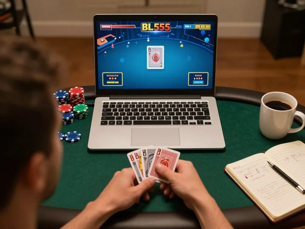 bl555 online poker gameplay displayed on a laptop with chips and strategies in a cozy home setting