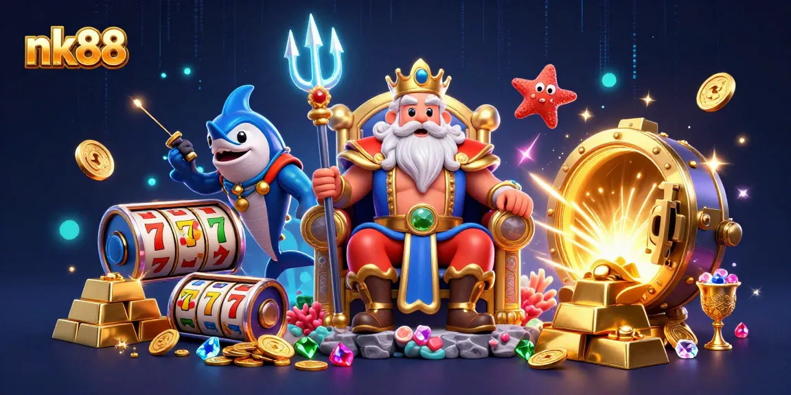 Engage with nk88 for an ultra-detailed 3D illustration showing Neptune amidst golden treasures and vibrant casino elements.