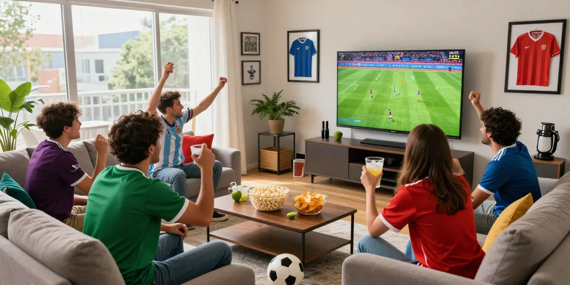 Excited friends enjoying بث مباشر soccer match in a lively urban living room with snacks and team jerseys.