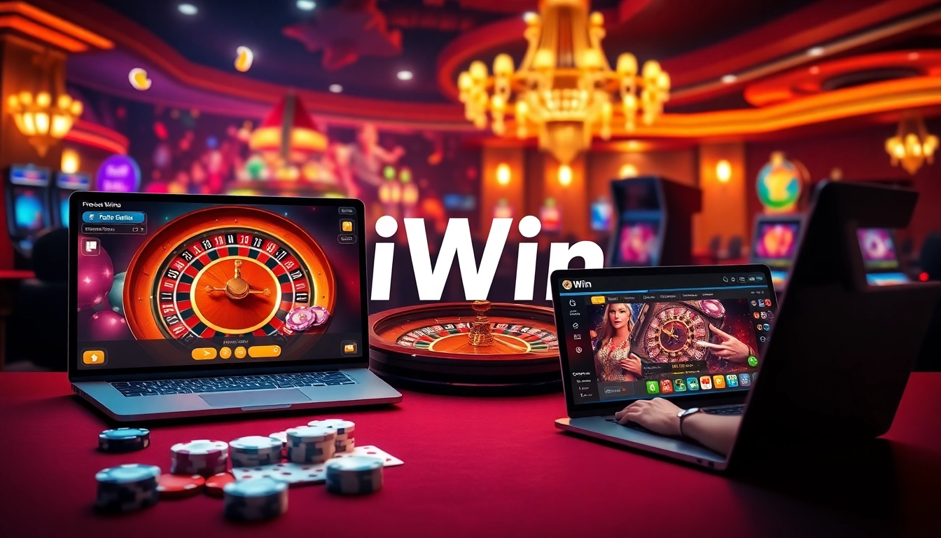 Engage in online gambling excitement with iWin's platform featuring vibrant casino elements.