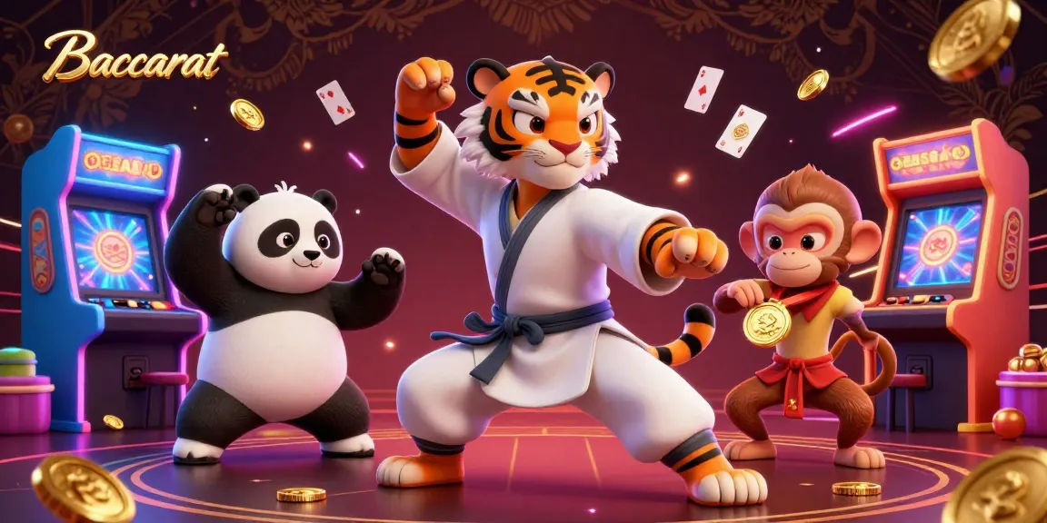 Baccarat scene depicting tiger master, panda disciple, and monkey student amidst lively casino elements.