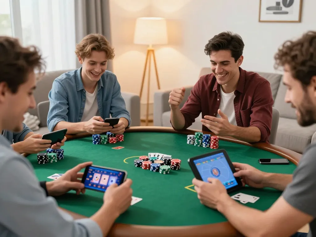 SX88 players engaging in a lively online poker game in a cozy living room.