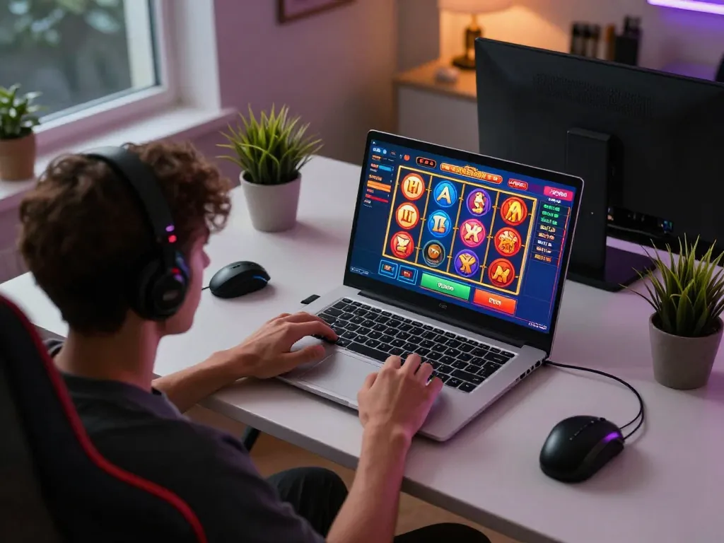 n188 đăng nhập player immersed in online casino action on laptop in stylish home setup