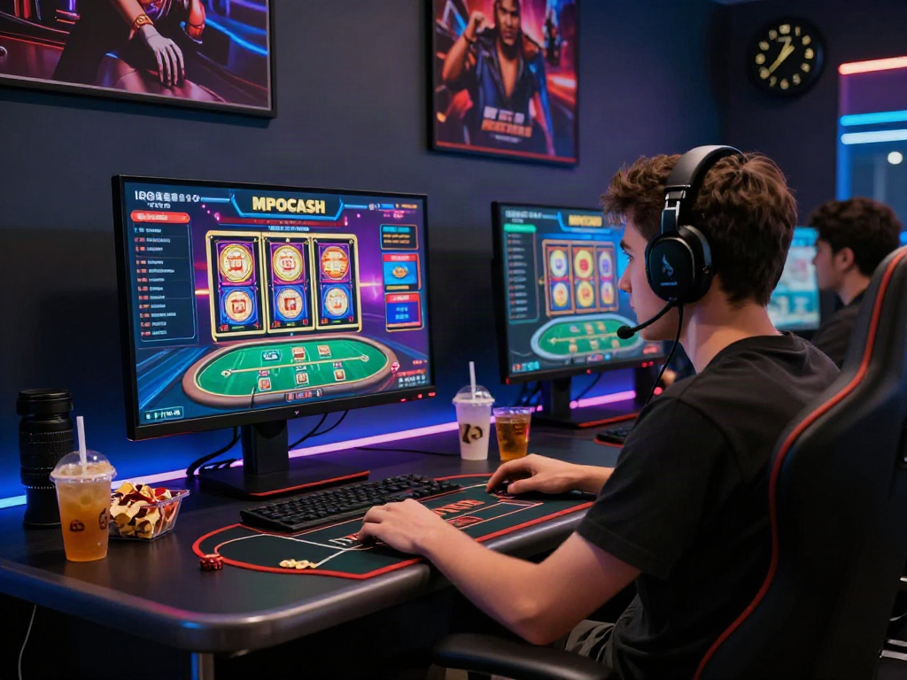 MPOCASH gaming platform user experiencing excitement in modern online casino setup with vibrant visuals.