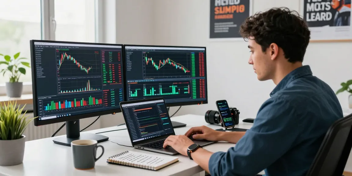 Трейдер анализирует данные на bitmex биржа с помощью мониторов и ноутбука в современном офисе.