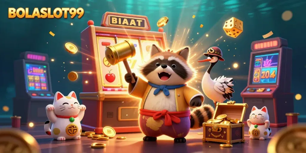 BOLASLOT99 features a festive tanuki celebrating a jackpot explosion with lucky symbols and golden coins