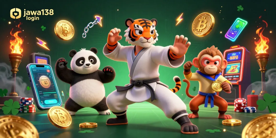 Gambar ilustrasi kasino 3D menunjukkan kung fu Tiger master dan panda mendemonstrasikan pose, sementara monyet mencuri medali, serta elemen crypto menonjol, menciptakan suasana jukaan yang penuh seman