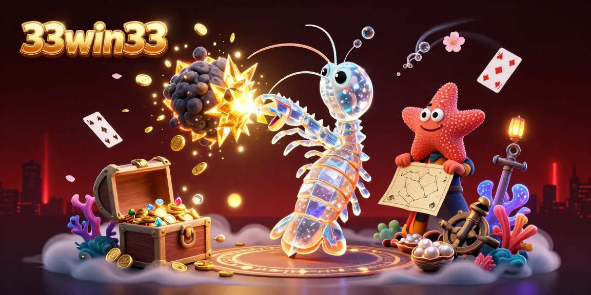 Experience thrilling action with 33win33 in a vibrant underwater casino scene featuring a galactic samurai mantis shrimp.