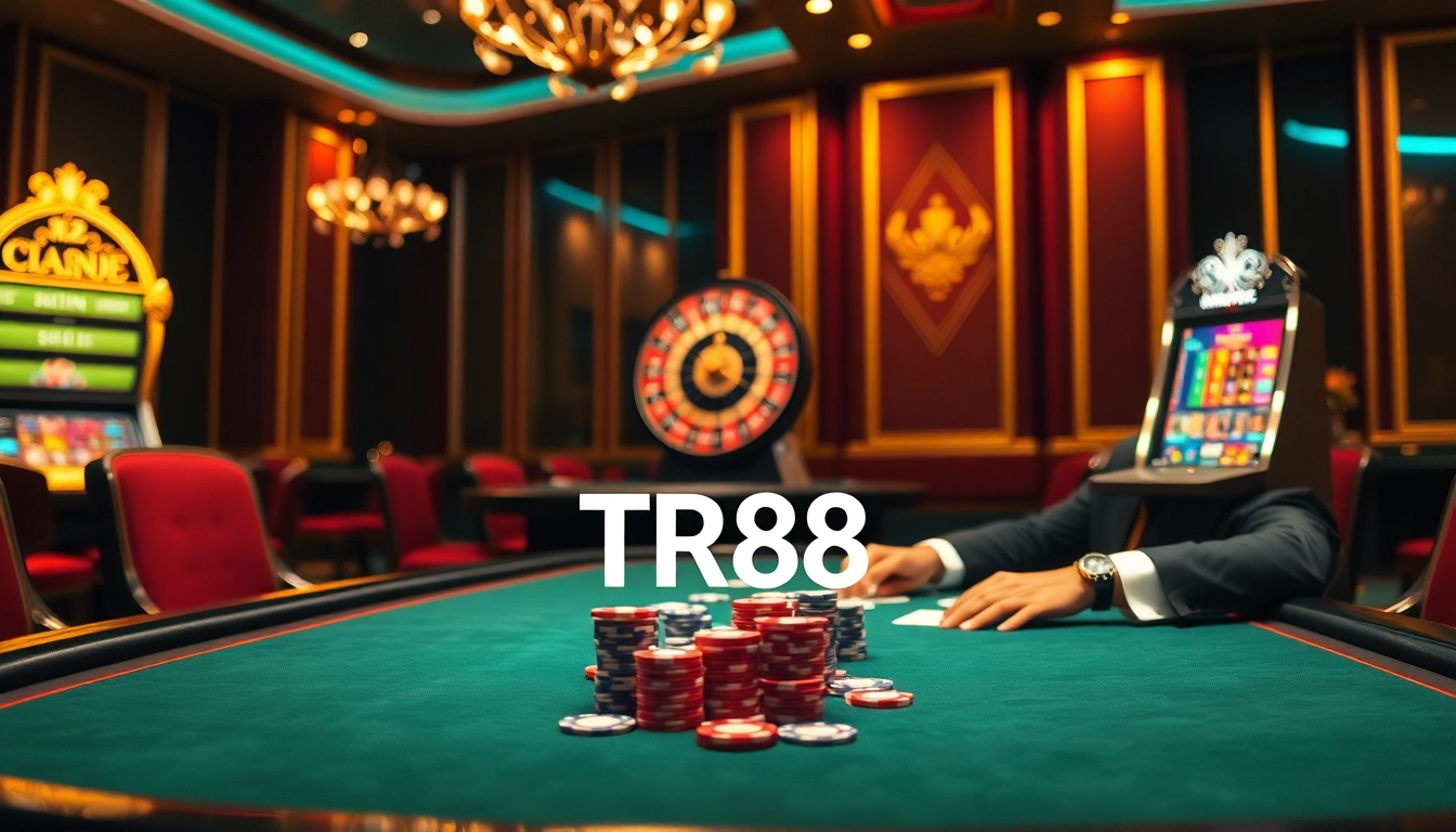 Players engaging in high-stakes poker at TR88 casino, surrounded by vibrant gambling details.