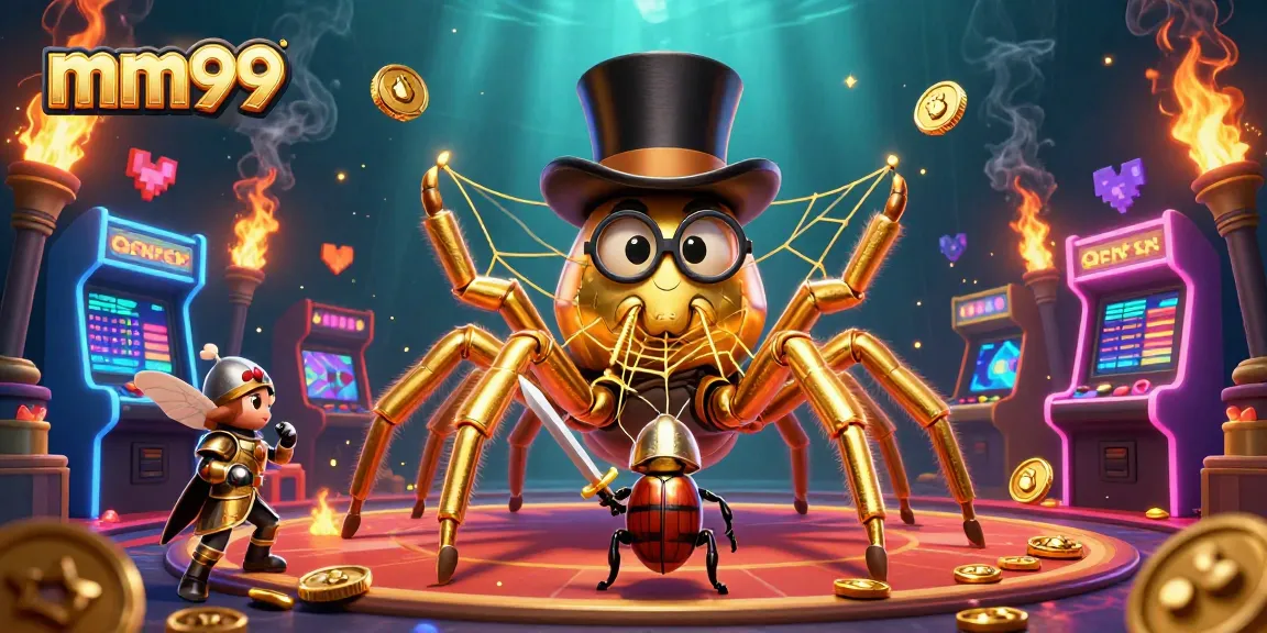 Experience thrilling casino action with mm99, featuring a giant golden tarantula and gaming elements.