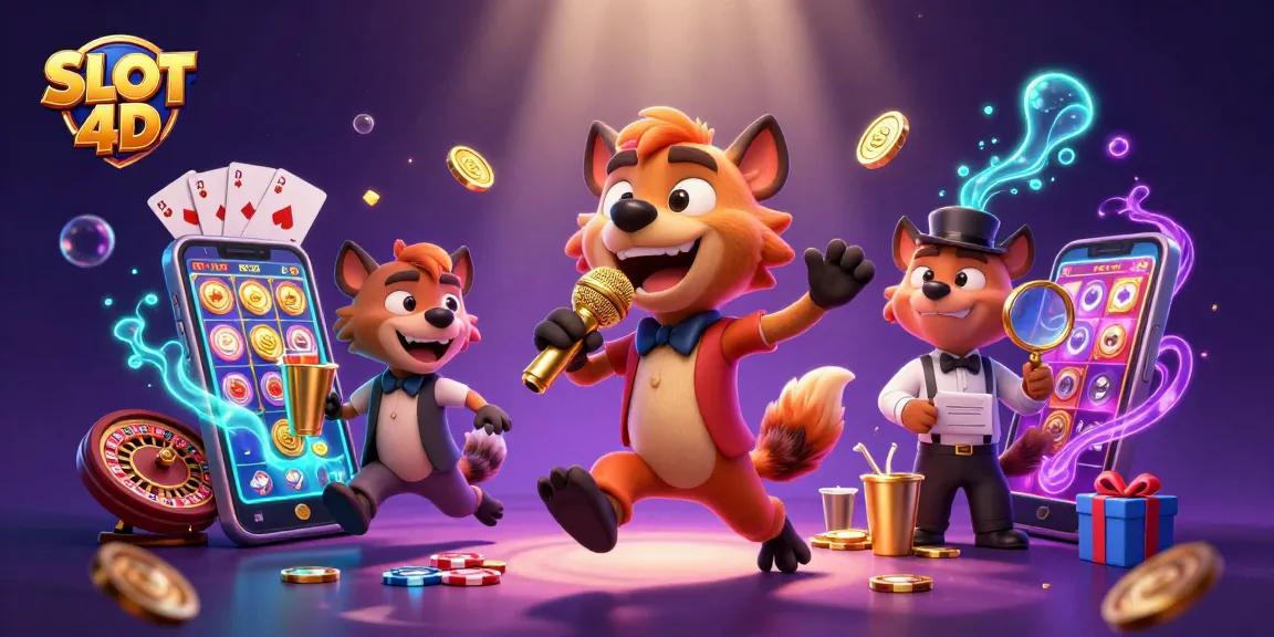 Experience the excitement of SLOT 4D with lively hyenas in a vibrant casino scene mixing drinks and telling jokes.